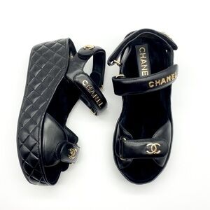 CHANEL Leather Wedge Strap Sandals